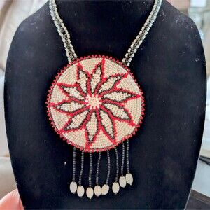 Medallion Flower Pinwheel Necklace Seed Bead Boho Statement Pendant Large
